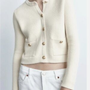 ZARA Cream ECRU Knit Button-Up Cardigan with gold buttons